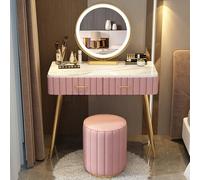 Bureau de maquillage en bois rose clair avec miroir à lumière LED, tabouret rembourré et armoire latérale, 1 grand tiroir - Coiffeuse parfaite pour chambre à coucher, idéale pour filles et femmes (80