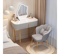 Bureau de maquillage moderne gris avec miroir et lumières - Table de maquillage en bois avec tiroirs - Petite coiffeuse avec éclairage LED 3 couleurs - Station de maquillage élégante avec pieds en fer