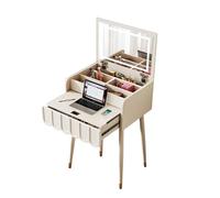 Bureau de maquillage pliable blanc avec miroir et grille de rangement - Coiffeuse compacte pour petites pièces, maquillage compact (taille L)