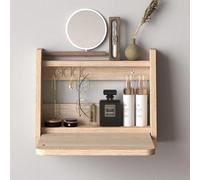 Bureau de maquillage rustique avec support mural - Grande table de maquillage avec 1 étagère ouverte - Petite coiffeuse pour chambre de fille - Couleur bois originale - 40 x 12,5 x 32 cm.