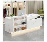 Bureau de réception à DEL avec tiroir verrouillable et étagères de rangement réglable, 99,1 à 160 cm, bureau moderne pour salon, bureau, hall de vente, zone de réception J gauche, 140 x 61 x 89 cm