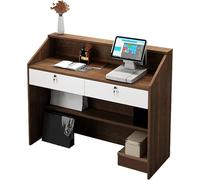 Bureau de réception avec comptoir de secrétaire, 2 tiroirs verrouillables, étagères de rangement et œillets pour petit bureau, mobilier blanc moderne