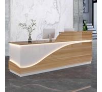 Bureau de réception élégant de 140 cm avec bandes lumineuses LED, design moderne en bois durable pour salons de beauté et bureaux, finition élégante naturelle et blanche, parfait pour les espaces