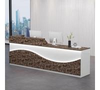 Bureau de réception élégant et moderne avec rangement - Table de comptoir blanche et marron de 1,4 m pour salons de beauté, spas et petites entreprises Bureau élégant avec éclairage LED doux