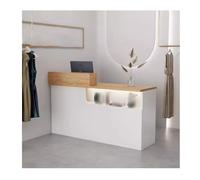 Bureau de réception élégant et moderne pour salon de beauté et magasin de vêtements, 140 cm, comptoir d'accueil finition bois, station d'enregistrement élégante pour espaces professionnels