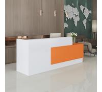 Bureau de réception en forme de L avec comptoir, tiroirs verrouillables et rangement, réception moderne de 119,9 à 200 cm, bureau de réception pour salon de réception, orange + blanc, 129,9 x 60 x