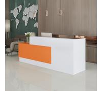 Bureau de réception en forme de L avec comptoir, tiroirs verrouillables et rangement, réception moderne de 119,9 à 200 cm, bureau de réception pour salon de réception, orange + blanc, 129,9 x 60 x