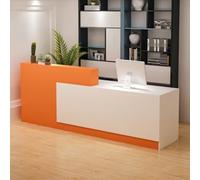 Bureau de réception en forme de L avec comptoir, tiroirs verrouillables et rangement, réception moderne de 119,9 à 200 cm, bureau de réception pour salon de réception, blanc + orange, gauche 129,9 x