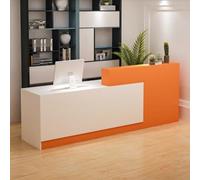 Bureau de réception en forme de L avec comptoir, tiroirs verrouillables et rangement, réception moderne de 119,9 à 200 cm, bureau de réception pour salon de réception blanc + orange, droite 120 x 60 x