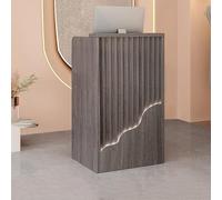 Bureau de réception en forme de L avec étagères ouvertes et tiroirs - Comptoir moderne pour supermarchés, dépanneurs, réception d'hôtel, design élégant et fonctionnel