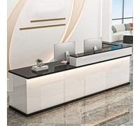 Bureau de réception en forme de L avec lumière LED et tiroir verrouillable pour salon de beauté, comptoir de vente au détail, bureau d'entrée moderne, design élégant blanc et noir (140 cm)