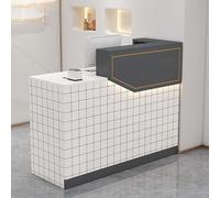 Bureau de réception en forme de L avec tiroirs verrouillables, élégant comptoir de caisse pour caisses enregistreuses et service client.