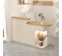 Bureau de réception moderne à DEL avec tiroirs verrouillables, finition amande, 140 x 49,8 x 104,9 cm, comptoir avant élégant pour magasins et entreprises, mobilier de bureau élégant