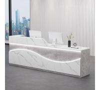 Bureau de réception moderne à grain gris et texture blanche pour salon et petite entreprise - Comptoir de bureau de 1,2 m avec rangement, éclairage LED doux, table de réception élégante