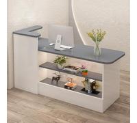 Bureau de réception moderne à LED avec station de caisse enregistreuse, bureau au design élégant avec gestion des câbles et tiroirs, parfait pour les espaces de travail secrétaires.