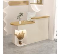 Bureau de réception moderne à lumière LED avec tiroirs verrouillables, comptoir avant élégant pour magasins de détail et entreprises, finition amande, 140 x 49,8 x 104,9 cm, design debout