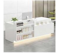 Bureau de réception moderne avec éclairage LED, tiroir verrouillable et étagères réglables de 99 à 160 cm, table de comptoir avant pour hall d'entrée, salon de beauté, vente au détail, 140 x 61 x 89