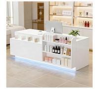 Bureau de réception moderne avec lumières LED réglable de 99 à 160 cm, tiroir verrouillable et étagères, idéal pour le hall d'entrée, le salon, la vente au détail, 150 x 61 x 89 cm