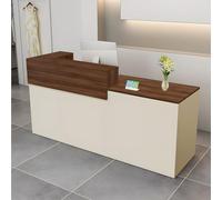 Bureau de réception moderne avec tiroir de rangement de 99 à 95 cm, table de comptoir avant pour salon, bureau, hôtel et magasins de détail, noyer et beige, angle droit 150 x 60 x 100 cm
