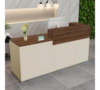 Bureau de réception moderne avec tiroir et casiers, table de comptoir avant pour salon, bureau, hôtel, vente au détail - Noyer et beige, coin gauche 150 x 60 x 100 cm