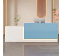 Bureau de réception moderne avec tiroir verrouillable, table de comptoir de bureau réglable en hauteur, design élégant blanc et bleu, 120 cm, idéal pour les environnements professionnels et les