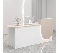 Bureau de réception moderne blanc beige avec rangement | Table de comptoir avant élégante | Bureau de réception compact de 1,1 m avec éclairage doux pour petites entreprises
