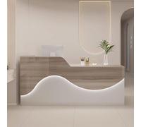 Bureau de réception moderne blanc et foncé avec rangement, bandes lumineuses LED élégantes, design élégant pour salons de coiffure et petits bureaux, mobilier de réception fonctionnel avec tiroirs.