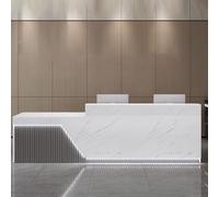 Bureau de réception moderne blanc et gris argenté pour petits bureaux, comptoir avant élégant de 140 cm avec éclairage doux, idéal pour une utilisation professionnelle et l'interaction avec les