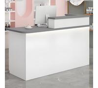 Bureau de réception moderne compact avec tiroir verrouillable, comptoir avant minimaliste pour bureau, design peu encombrant en blanc et gris, 119,4 cm de long, mobilier de réception élégant