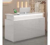 Bureau de réception moderne en bois avec bande lumineuse LED - Comptoir avant élégant pour salons de beauté, magasins de vêtements et bureaux - Comptoir de caisse double couche pour une fonctionnalité