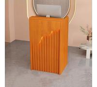 Bureau de réception moderne en forme de L avec étagères et tiroirs ouverts, parfait pour les supermarchés, les dépanneurs et les zones de réception d'hôtel.