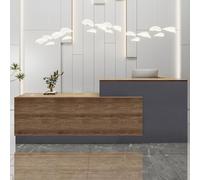 Bureau de réception moderne en forme de L avec tiroir à clavier, comptoir de réception élégant en bois pour les bureaux, solution polyvalente de mobilier commercial.