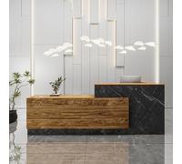 Bureau de réception moderne en forme de L élégant avec tiroir à clavier, assemblage facile, bois composite, parfait pour les bureaux et les espaces commerciaux