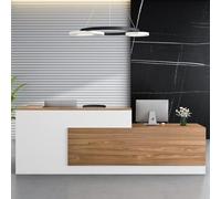 Bureau de réception moderne en forme de L élégant comptoir de bureau avec tiroir à clavier, table de service client en bois composite, mobilier de bureau élégant pour les zones de réception.