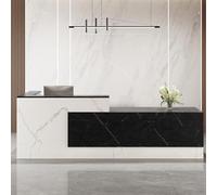 Bureau de réception moderne en forme de L, élégant comptoir de réception avec tiroir à clavier, mobilier de bureau, bois composite, parfait pour les zones de service client, les zones de réception et