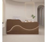 Bureau de réception moderne marron clair avec bandes lumineuses à DEL - Comptoir avant en bois d'ingénierie avec tiroirs de rangement pour petite entreprise et bureau 130 cm