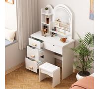 Bureau de vanité Maquillage avec Miroir éclairé à LED, Jeu Chaise Table Moderne, Petite Coiffeuse 4 tiroirs, élégant étagères et selles d'ouverture, multifonctionnelle pour Les Blanc