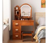 Bureau de vanité Maquillage avec Miroir éclairé à LED, Jeu Chaise Table Moderne, Petite Coiffeuse 4 tiroirs, élégant étagères et selles d'ouverture, multifonctionnelle pour Les Couleur en Bois