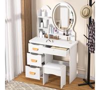 Bureau de vanité Maquillage avec Miroir et lumières, Petite Coiffeuse élégante Moderne 4 tiroirs, tabourets rembourrés, 3 Modes Couleur Disponibles, Chaise Table Ensemble pour la Chambre Blanc