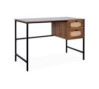 sweeek - Bureau rétro décor Bois et cannage avec piètement et poignées en métal Noir