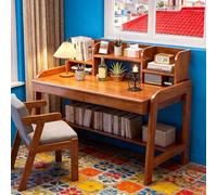 Bureau d'écriture en bois massif avec tiroir et clapier, table d'ordinateur du milieu du siècle avec étagère et étagère de rangement inférieure, bureau d'étude pour enfants (noyer, 80 x 60 x 105 cm)