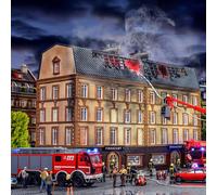 Bureau des finances, en feu, avec éclairage LED, générateur de fumée, tablettes