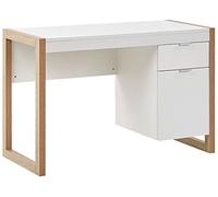 Bureau Design Blanc avec Colonne de Rangement et Piétement Effet Bois Clair Style Moderne et Scandinave Idéal pour Espace Travail à Domicile Beliani