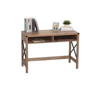 Bureau design industriel grand plateau 2 niches métal noir panneaux particules imitation bois veinage marron