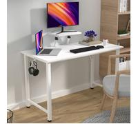 Bureau d'Ordinateur 100x50x75cm-91cm, Table PC Gaming et d'Écriture, avec Support d'Écran et Crochet, Cadre en Métal,Blanc