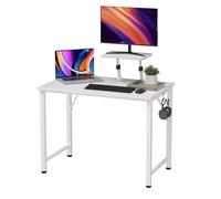 Bureau d'Ordinateur 80x40x75cm-91cm, Table PC Gaming et d'Écriture, avec Support d'Écran et Crochet, Cadre en Métal,Blanc