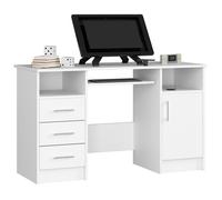 Bureau d'ordinateur AKORD ANA Blanc 124 cm 1 porte 3 tiroirs façade Blanche 5 étagères 124x52x74 cm
