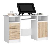 Bureau d'ordinateur AKORD ANA Blanc 124 cm 1 porte 3 tiroirs façade Chêne Sonoma 5 étagères 124x52x74 cm