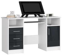 Bureau d'ordinateur AKORD ANA Blanc 124 cm 1 porte 3 tiroirs façade Graphite Brillant 5 étagères 124x52x74 cm