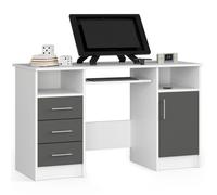Bureau d'ordinateur AKORD ANA Blanc 124 cm 1 porte 3 tiroirs façade Gris Graphite 5 étagères 124x52x74 cm